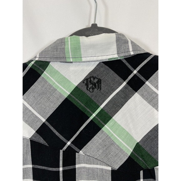MX Republic Mens Button Up Short Sleeve Shirt White Green Black Plaid Size Large - Picture 6 of 8